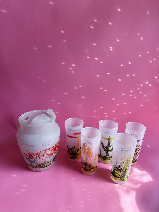 Vintage MCM Blakely Oil & Gas Arizona Frosted 5 Tumbler Glasses & Pitcher Cacti
