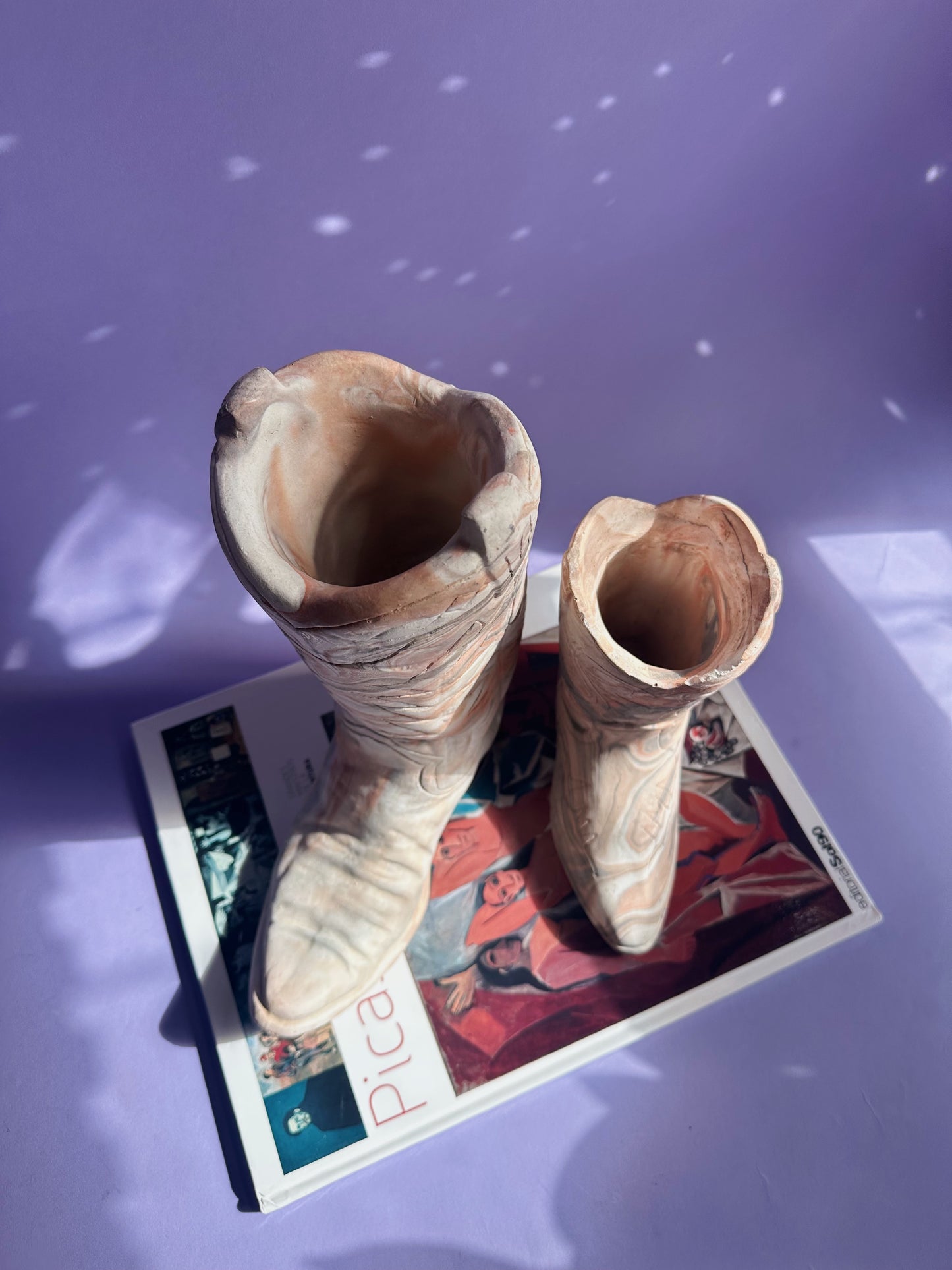 Vintage Marbled Concrete Cowboy Boot Sculpture Planter Vase Distressed (Larger)