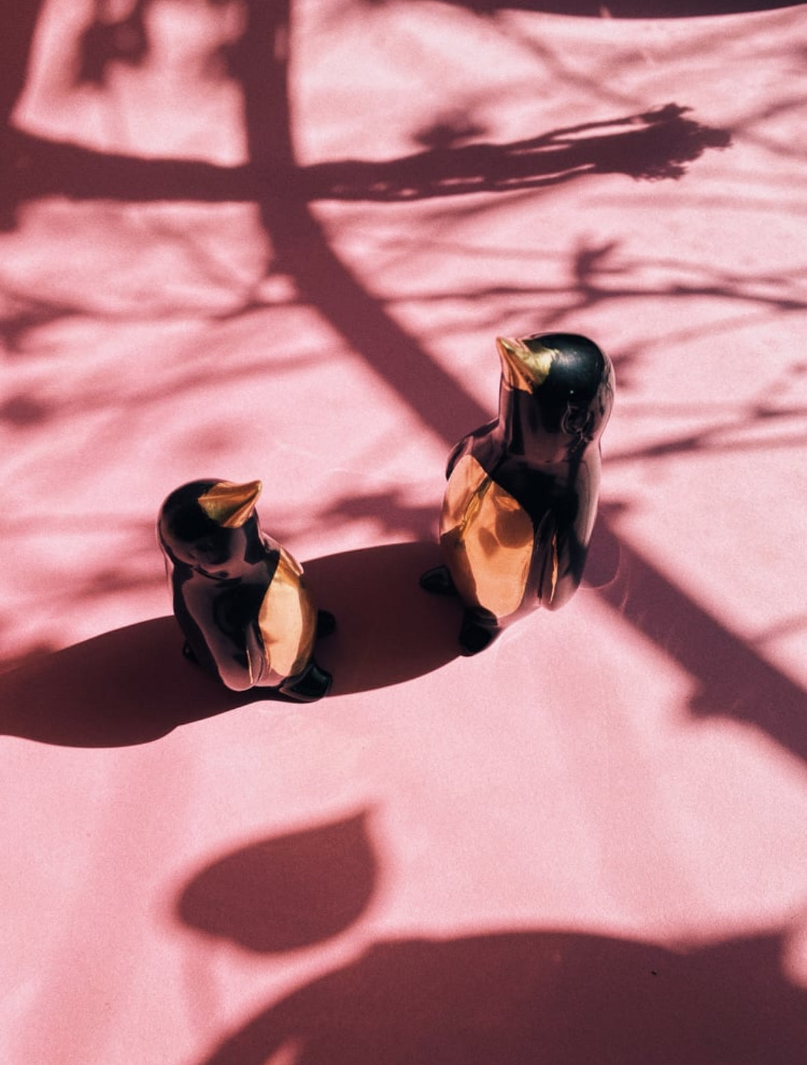 Vintage MCM Solid Brass & Enamel Penguin Figurines