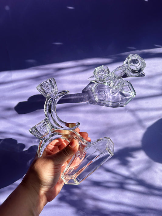 Vintage Manganese Crystal Moon Candlesticks