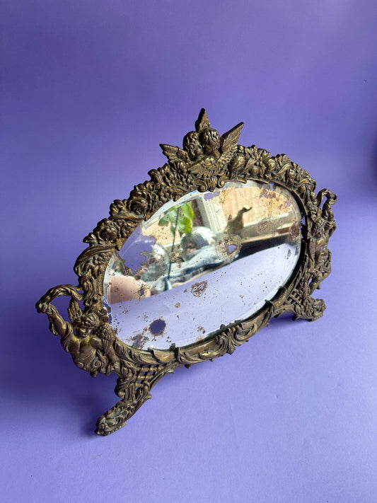 Antique Brass Victorian Ornate Cherubs & Beveled Edge Mirror