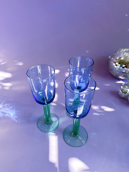 Vintage Scandinavian Wine Glasses Blue and Green 1980s 3 pcs