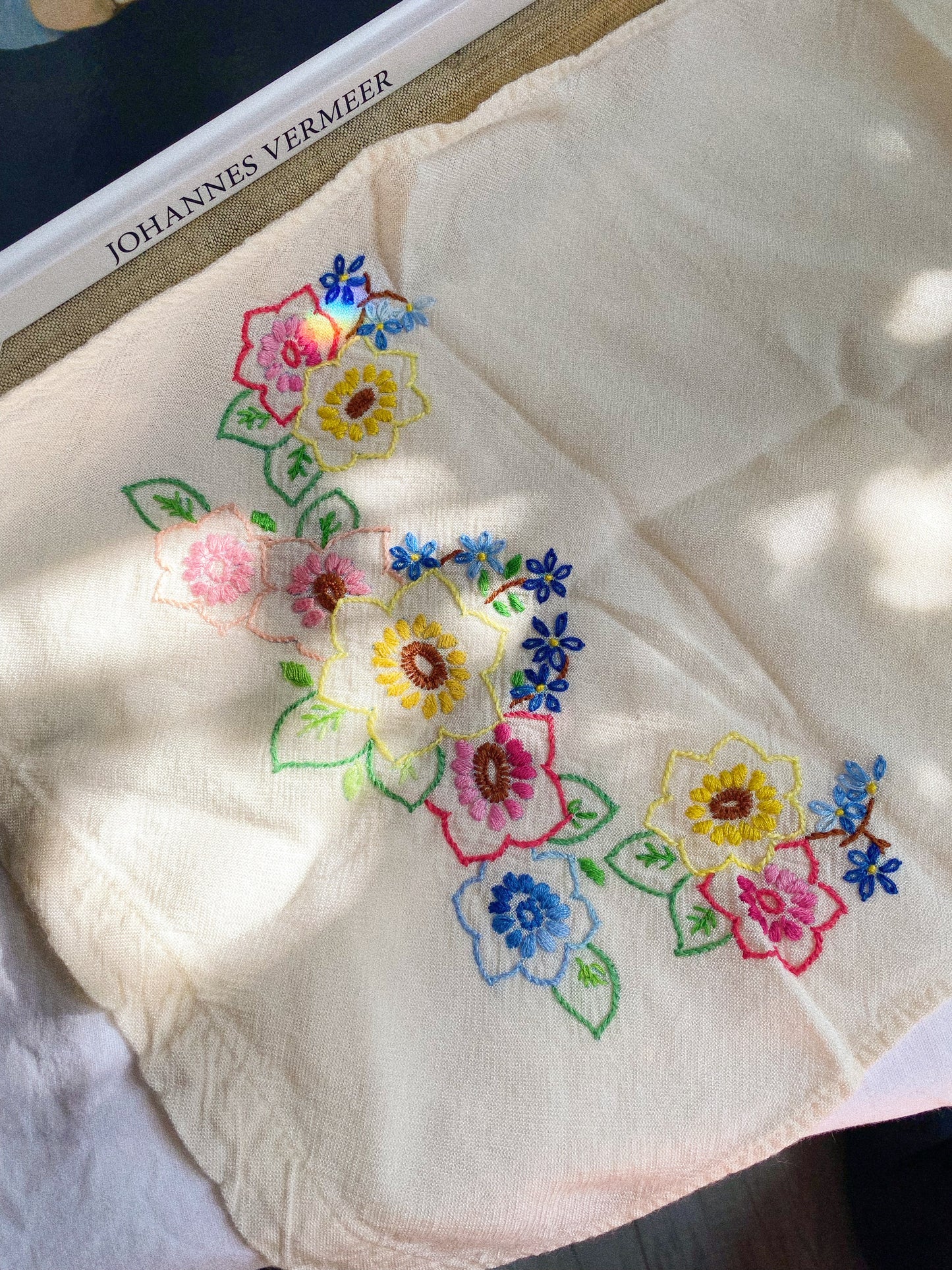 Pair of Vintage Floral Embroidered Linen Towels