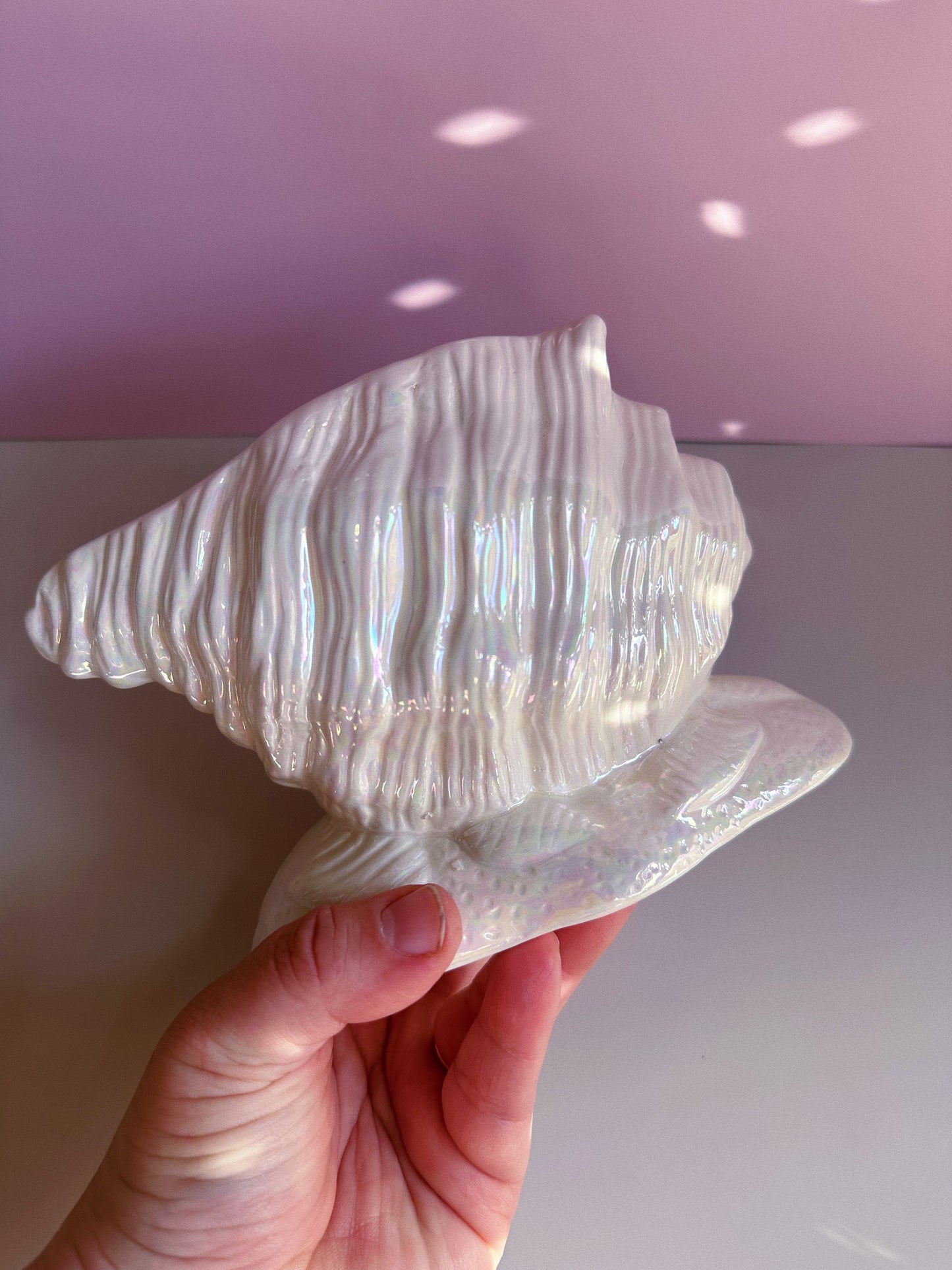 Vintage Iridescent White Ceramic Conch / Seashell Planter