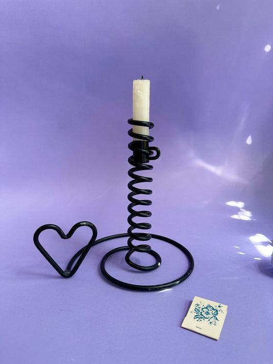 Handmade Wrought Iron Courting Candle Holder with Heart-Shaped Handle