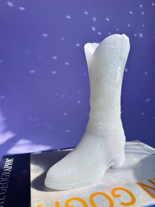 White Glitter Cowboy Boot Candle