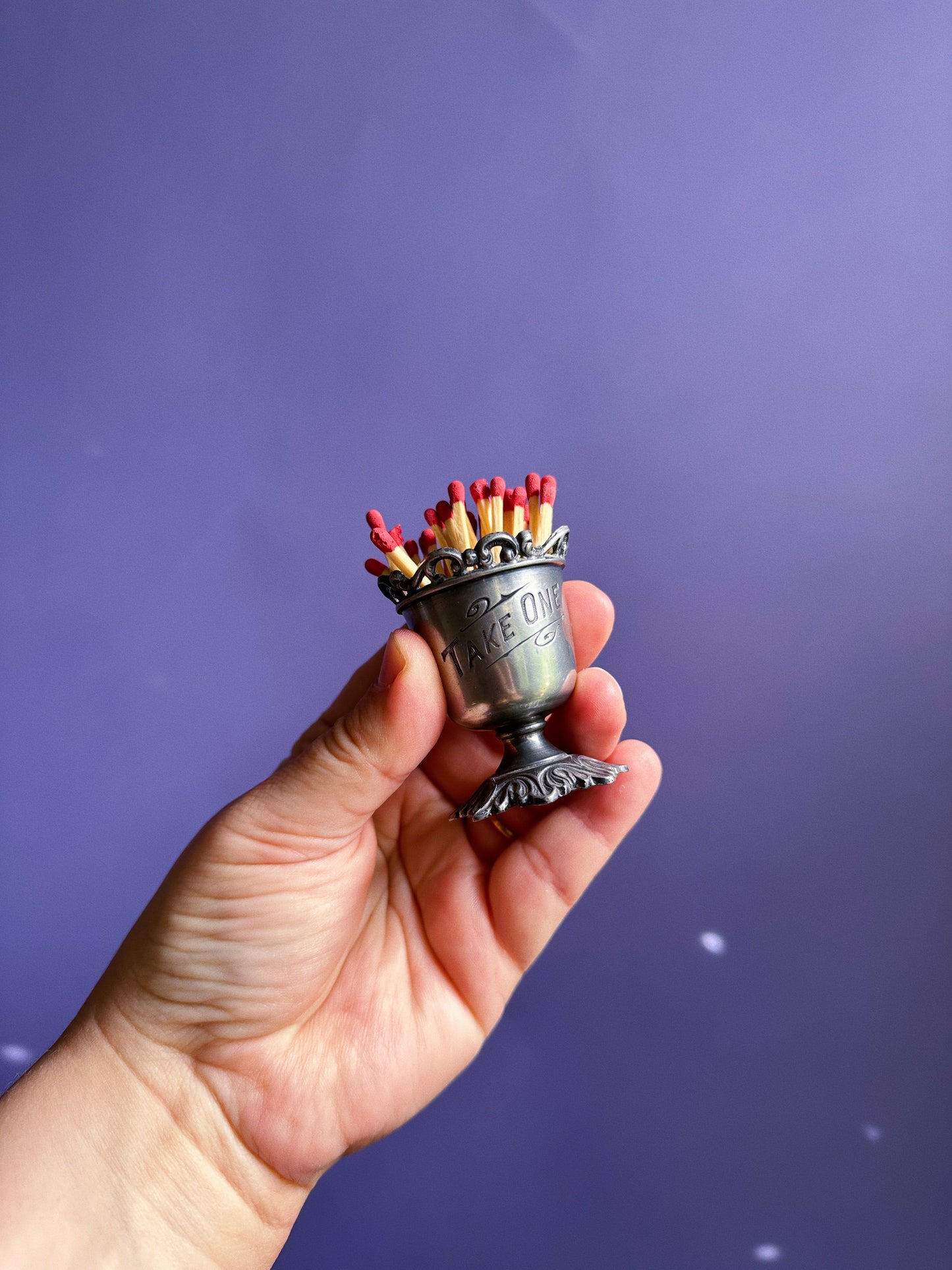 Antique Pair Of Pewter Toothpick / Match Holders Lacy Top Ornate "TAKE ONE"