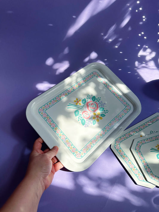 Vintage 80s Floral Metal Tray & Matching Heat Pads / Hot Mats