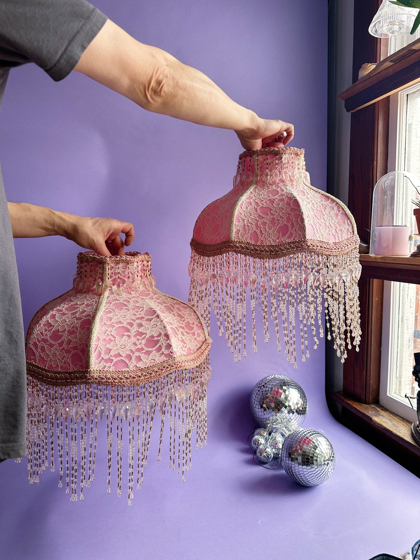 Pair of Victorian French Large Lamp Shade Lace "Blush" Pink Bead Fringe Scallop