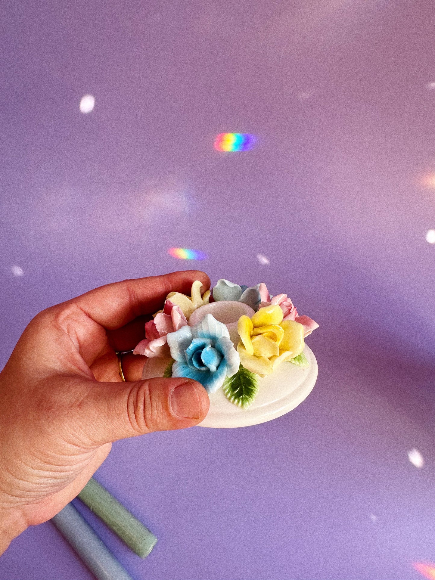 Vintage Taper Candle Holders Ceramic Flowers Pastel Japan Pink Blue Yellow