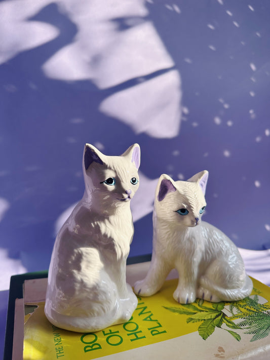 Vintage Pair of Ceramic White Cat Sculptures w Purple Details