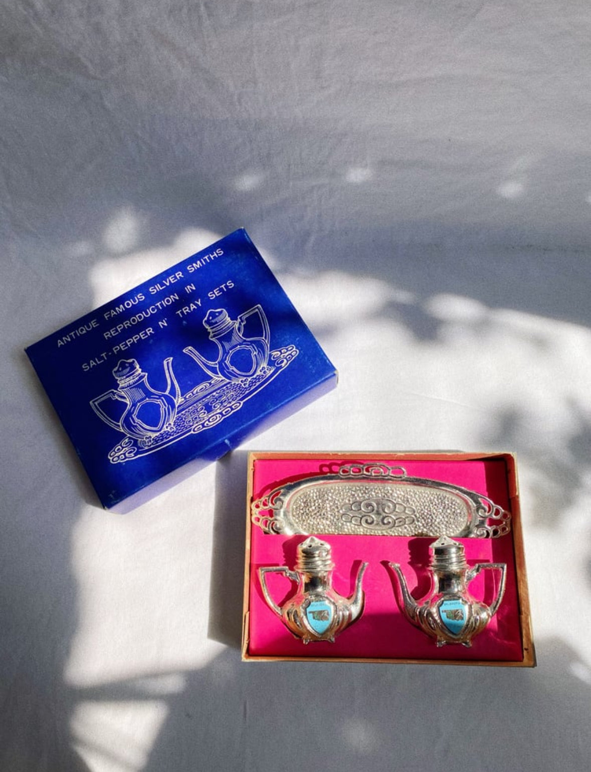 Antique Famous Silver Smiths Salt-Pepper Tray Set - 3 Piece Set