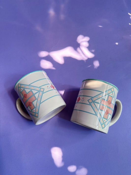 Pair of Vintage Pastel Aztec Design Coffee / Tea Mugs