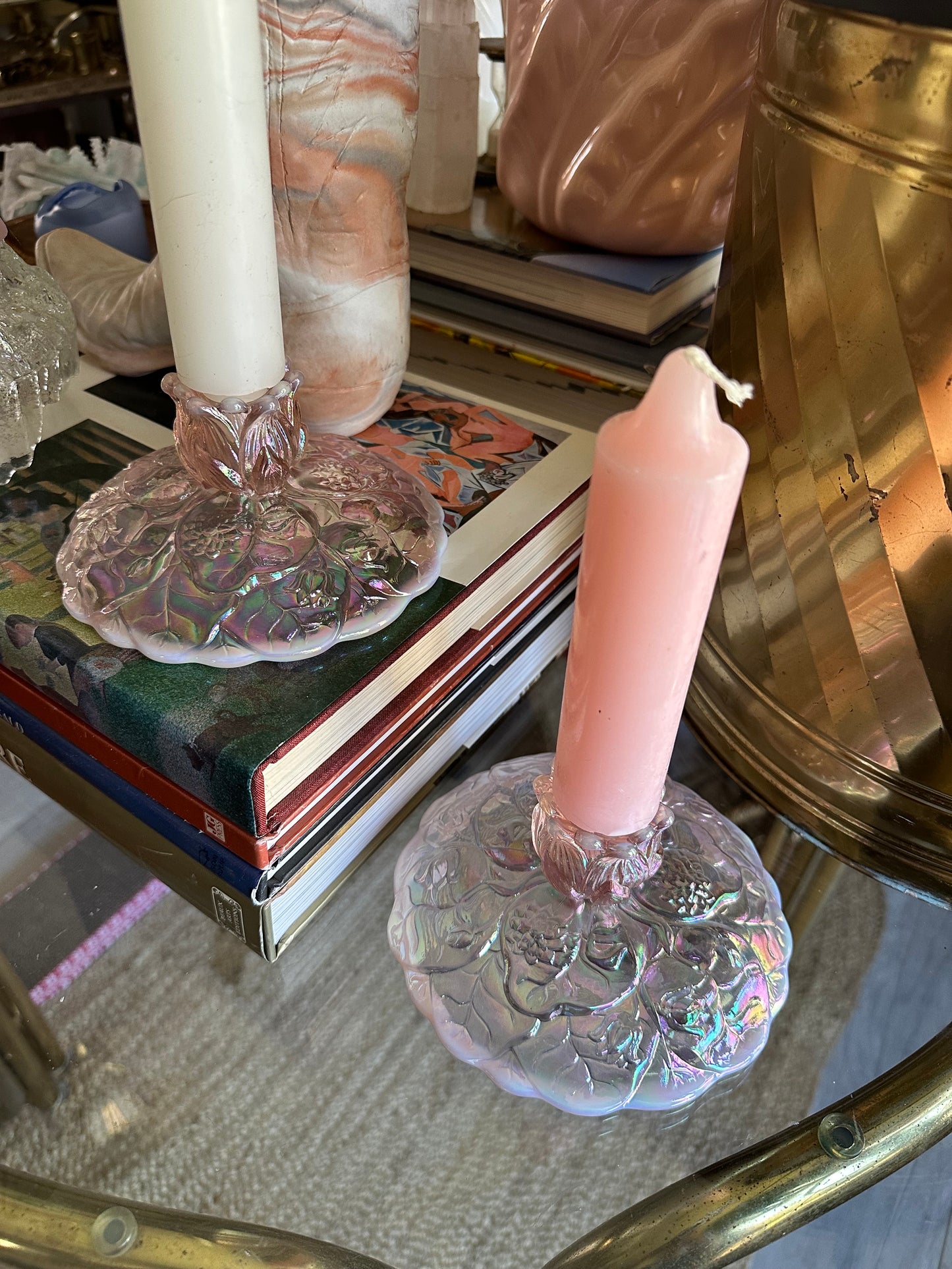 Vintage Fenton Pink Opalescent Carnival Glass Water Lilly Candlestick Holders