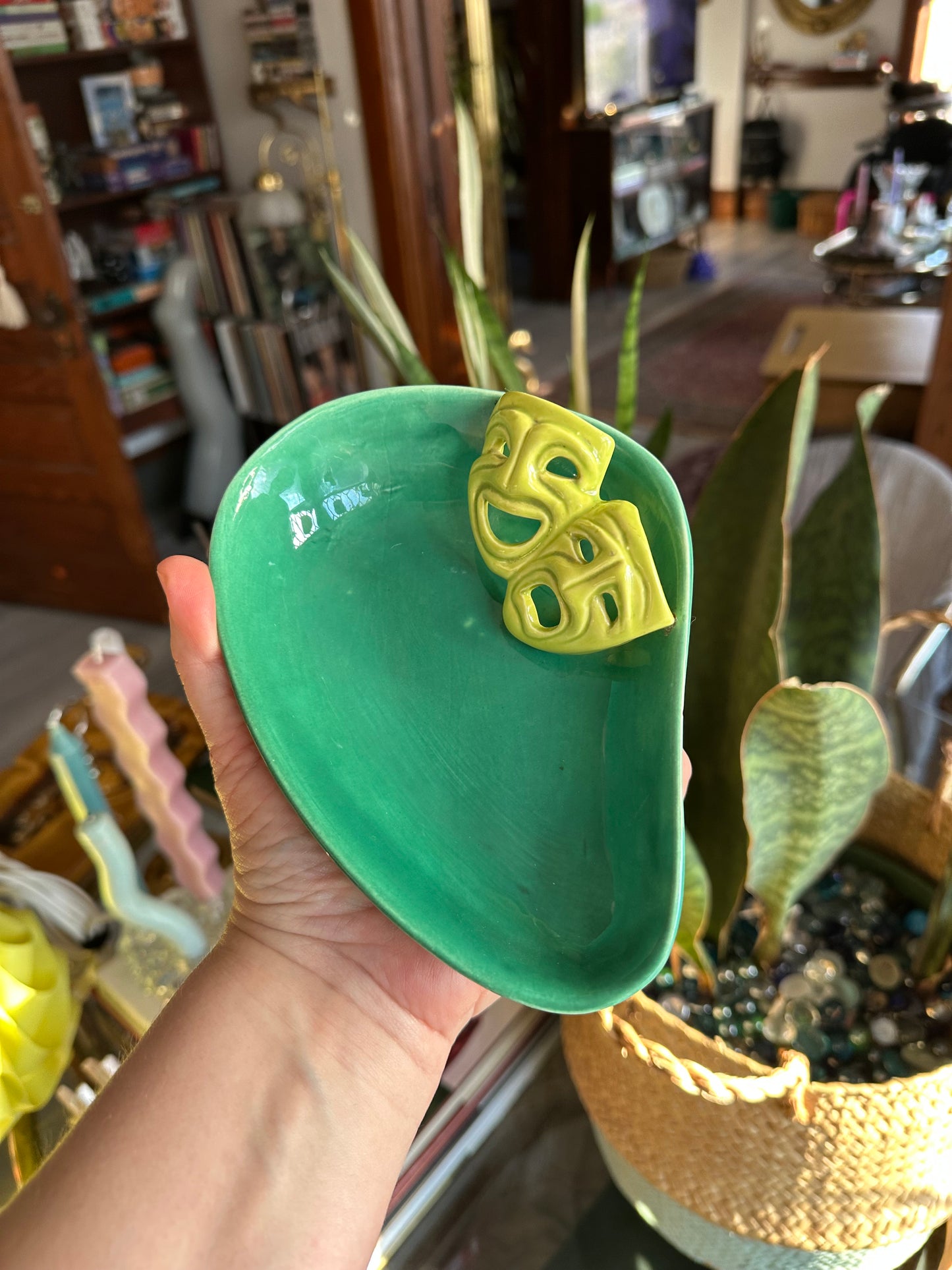 Vintage Mid Century Modern Green / Lime Dish W/ Comedy Tragedy Masks