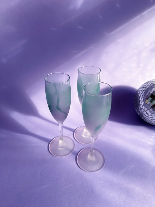 Vintage Teal & Purple Frosted Watercolour Luminarc France Champagne Flutes