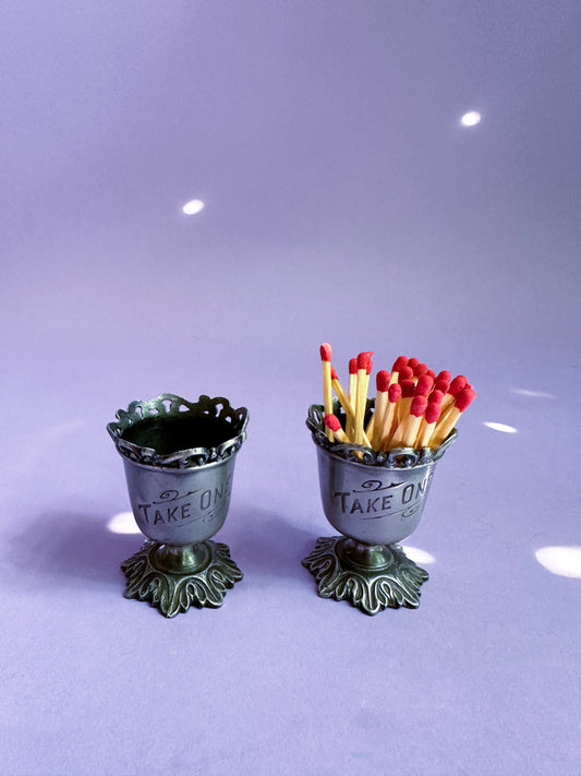 Antique Pair Of Pewter Toothpick / Match Holders Lacy Top Ornate "TAKE ONE"