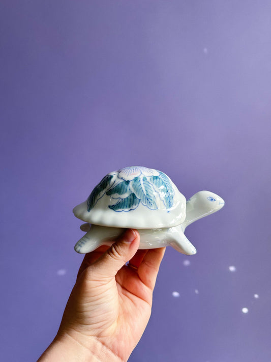 Vintage Porcelain Floral Turtle Trinket Lidded Dish