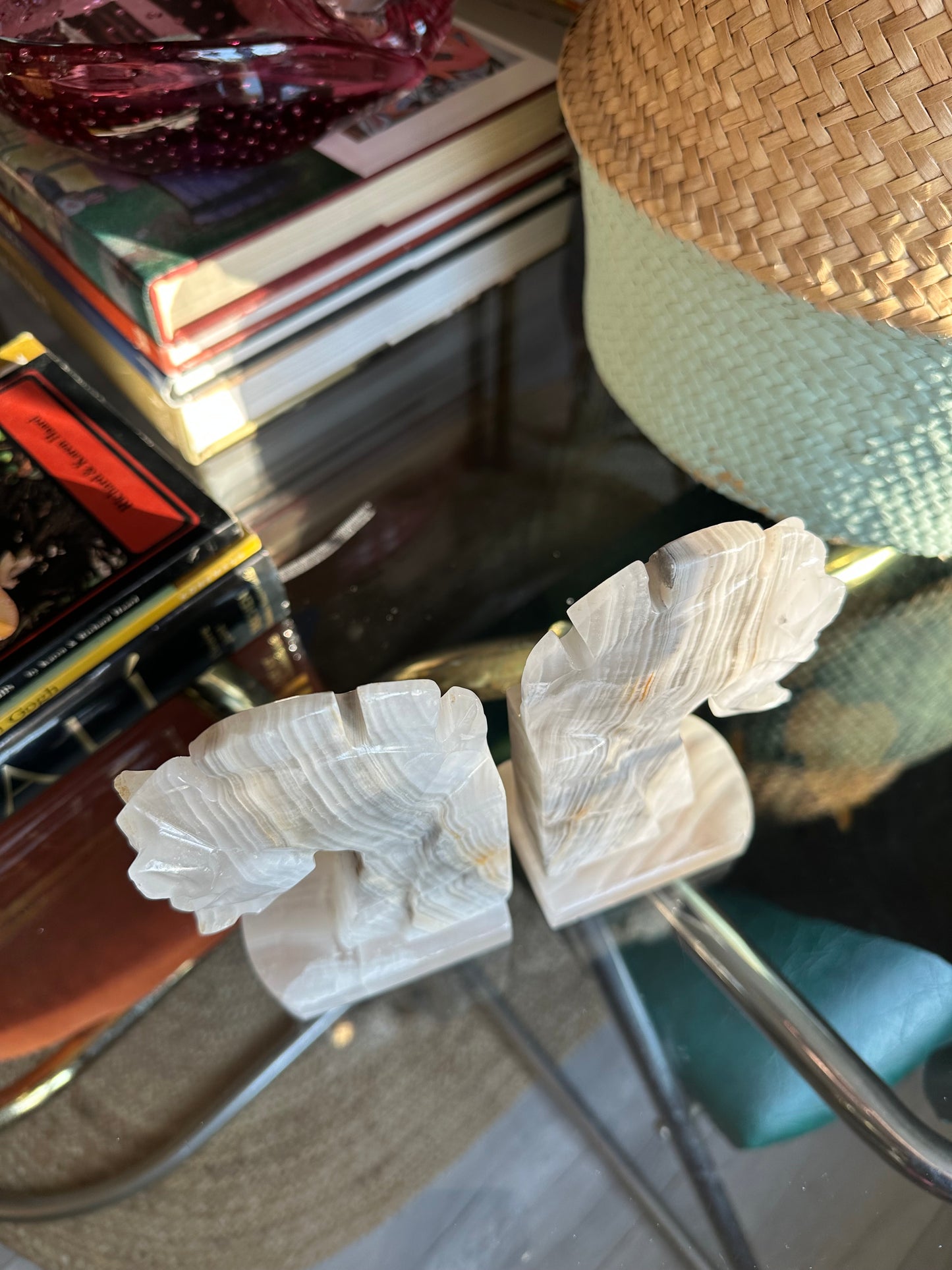 Vintage Pair Carved Onyx Stone Trojan Horse Head Bookends 6 1/4”