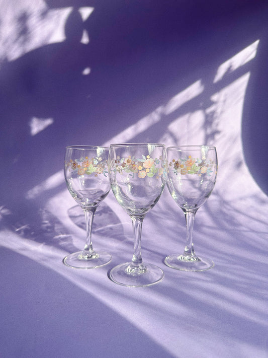 Set of 3 ‘90s Arcopal Floral Wine Glasses