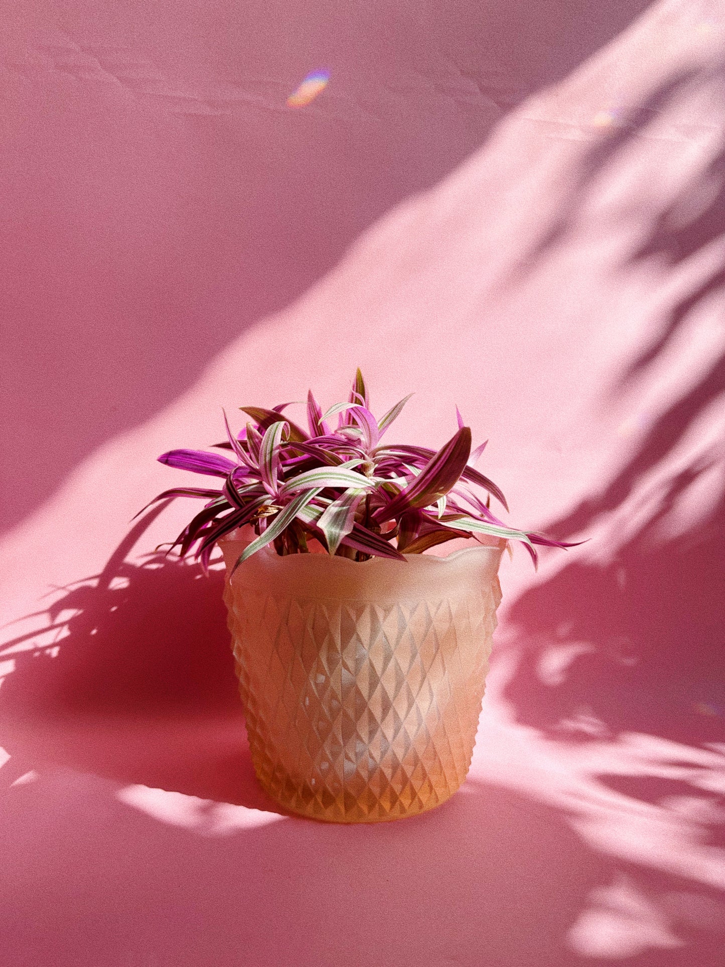 Vintage Heavy Indiana Glass Frosted Pink Diamond Point Planter / Cache Pot