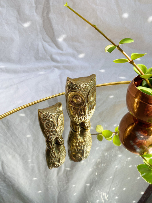 Pair of Solid Vintage Brass Owl Paperweights / Sculptures