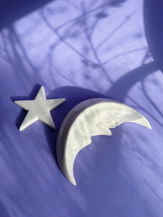 Vintage Glazed White Cresent Moon with Face & Star Ceramic Wall Hangings