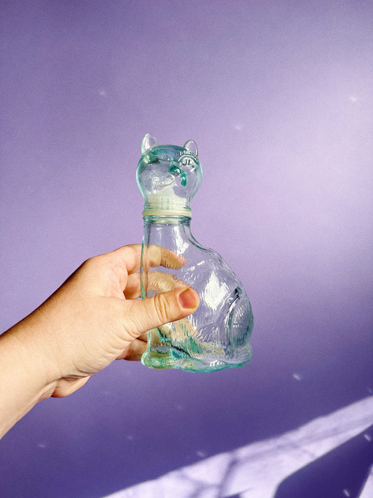 Vintage Blue Green Glass Cat Bottle