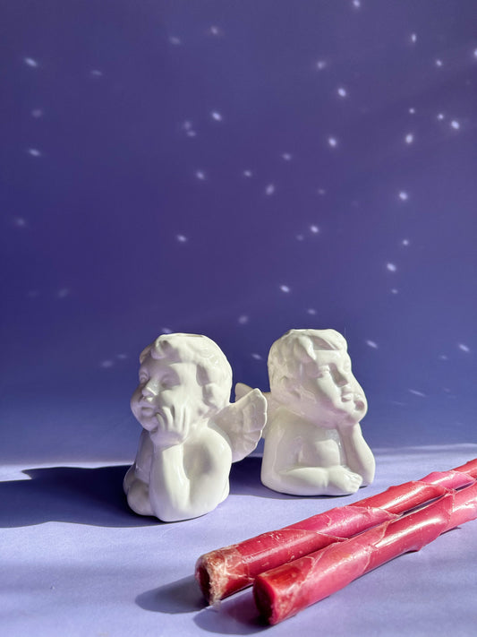 Vintage White Ceramic Cherub Candlesticks