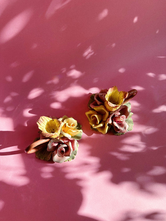 Pair Of Vintage Capodimonte Flower Candle Holder Chamber Candlesticks Italy Made