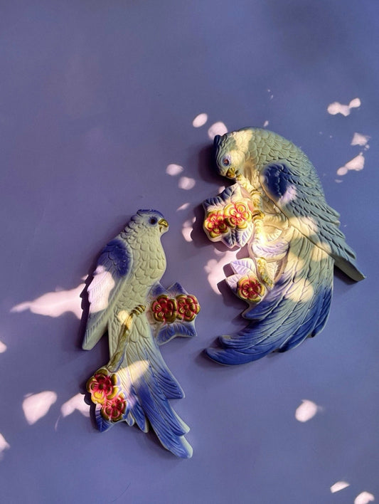 Vintage Mid Century Favor Ware Chalkware Parrots, Purple Pink