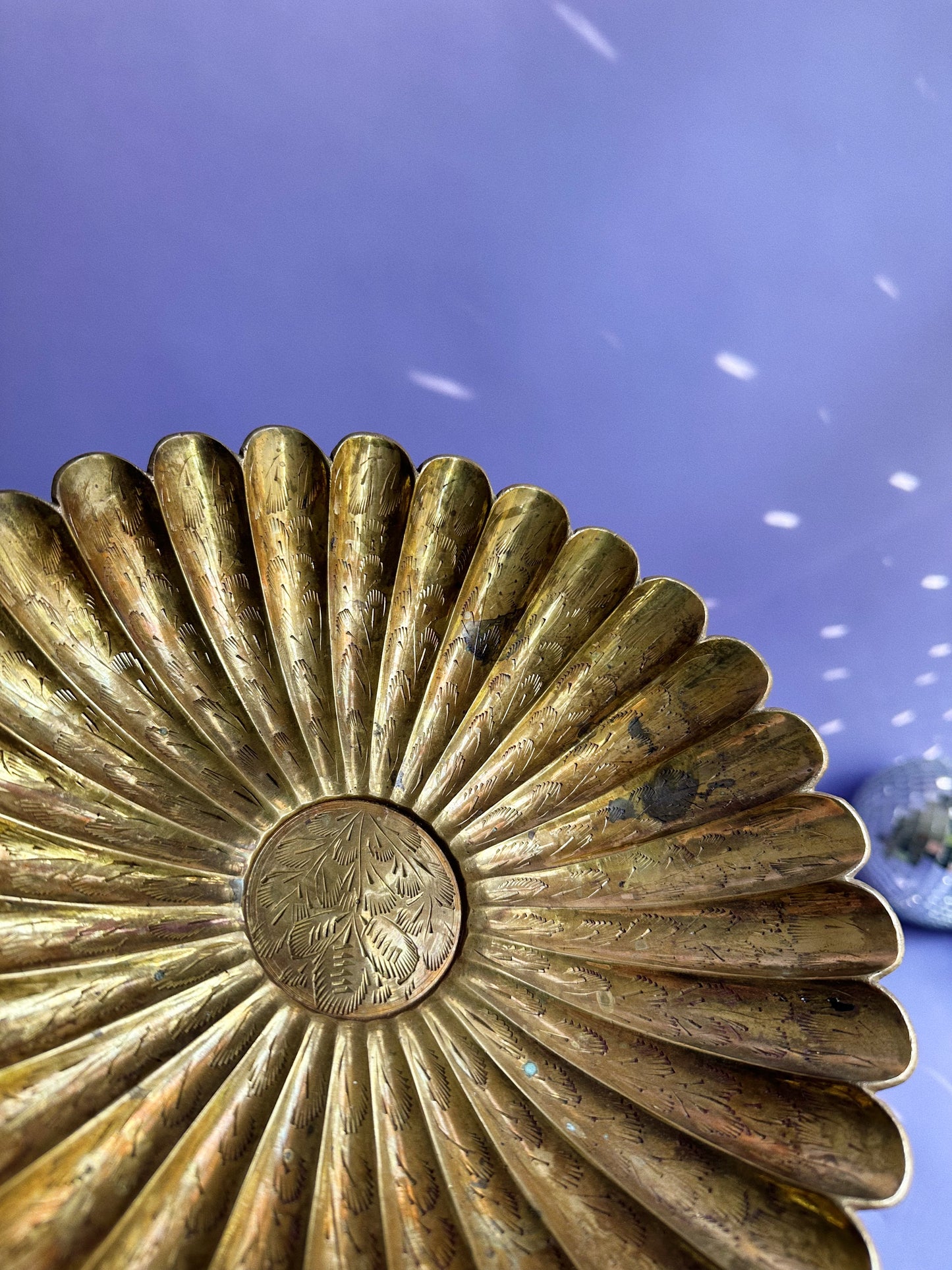 Gorgeous Vintage Etched Brass Daisy Shaped Footed Platter