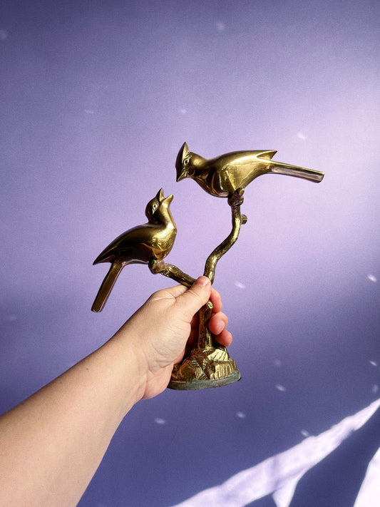 Vintage Heavy Brass Mom & Baby Bird Sculpture
