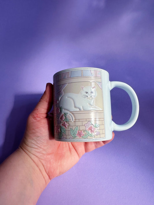 Vintage Otagiri Japan White Cat In Window Raised Embossed Curtis Swann Coffee Mug
