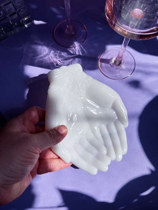Vintage Avon Touch Of Beauty Open Hands White Milk Glass Soap Trinket Dish
