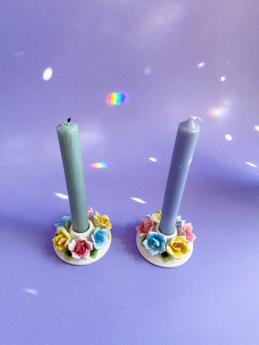 Vintage Taper Candle Holders Ceramic Flowers Pastel Japan Pink Blue Yellow