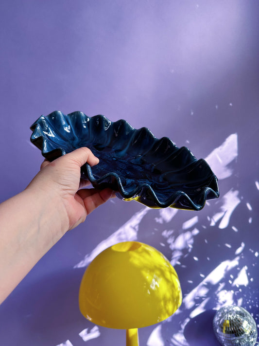 Artisan Made Blue Mountain Pottery Ruffled Dish Blue Dripped Glaze