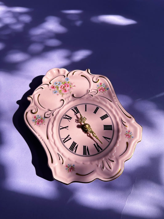 Vintage Czech Elegant Pink Porcelain Floral Wall Clock