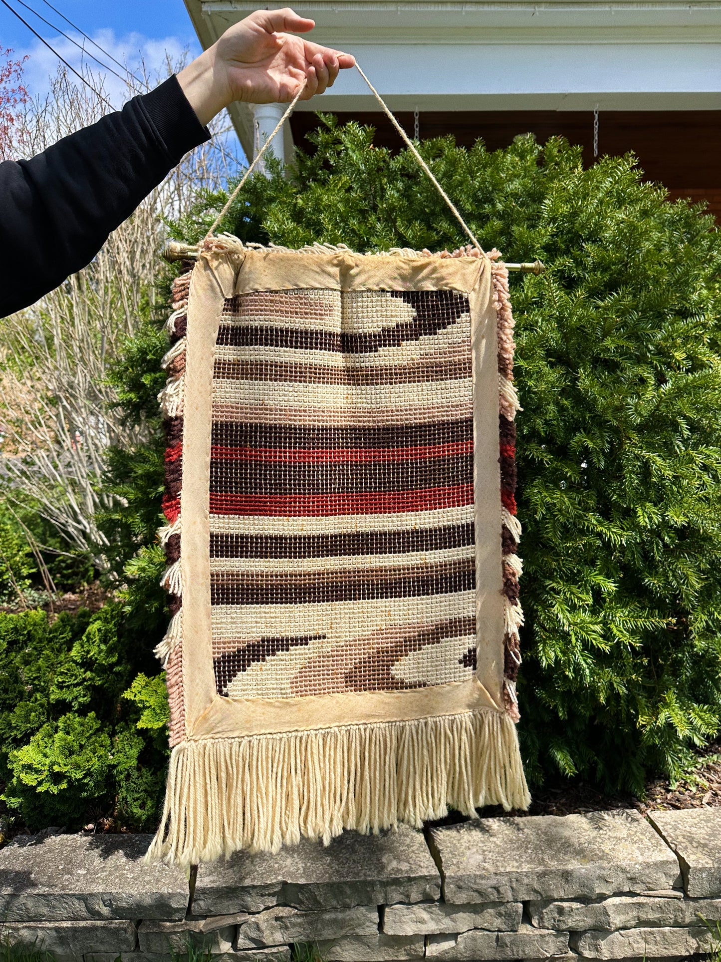 Vintage MCM Latch Hook Wall Art Brass Rod Hanging