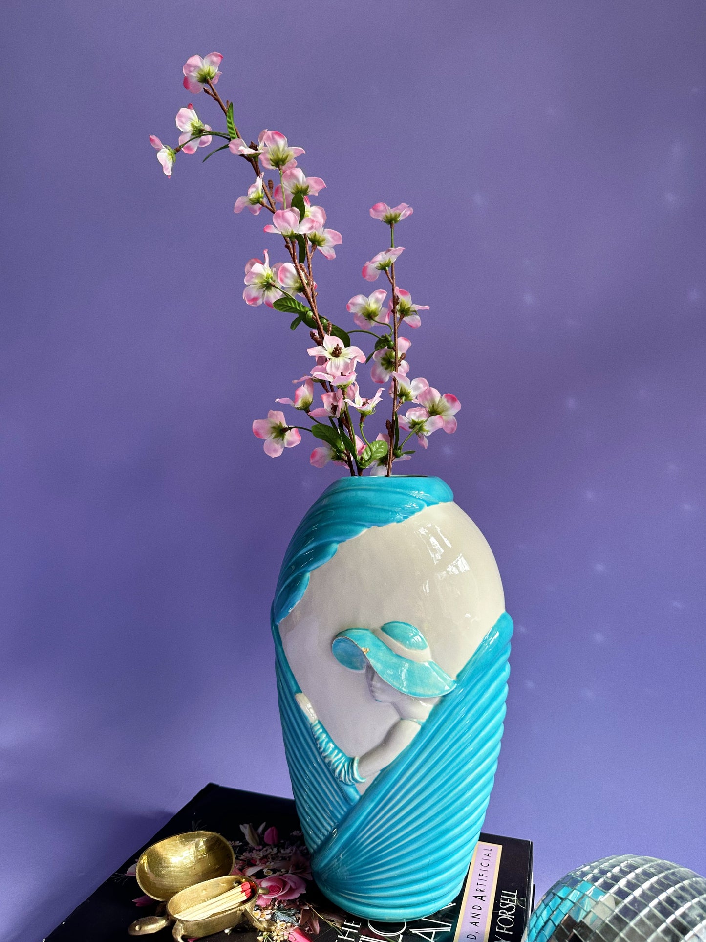 1980s Blue & White Art Deco Revival Ceramic Floral Vase