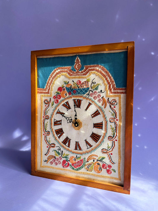 Americana Hand Embroidered Needlepoint Wall Clock, Vintage Handmade