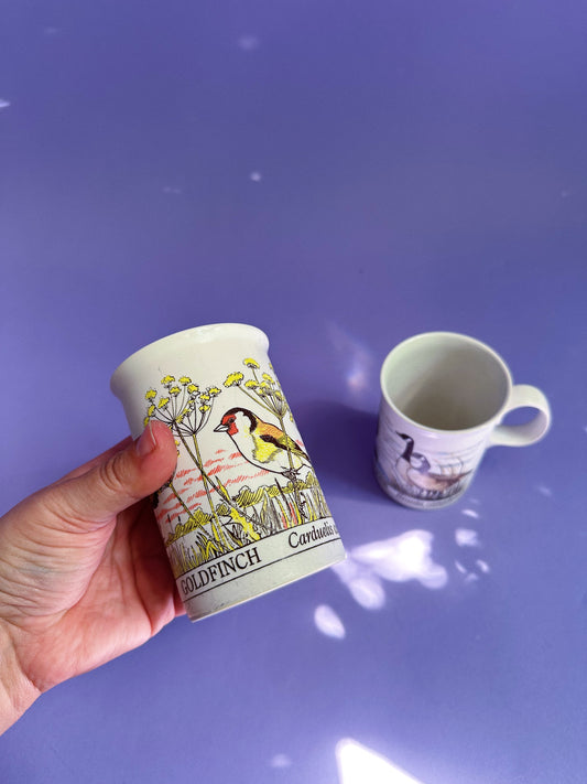 Dunoon Scotland Stoneware Coffee Tea Mugs Goldfinch and Canada Goose Birds