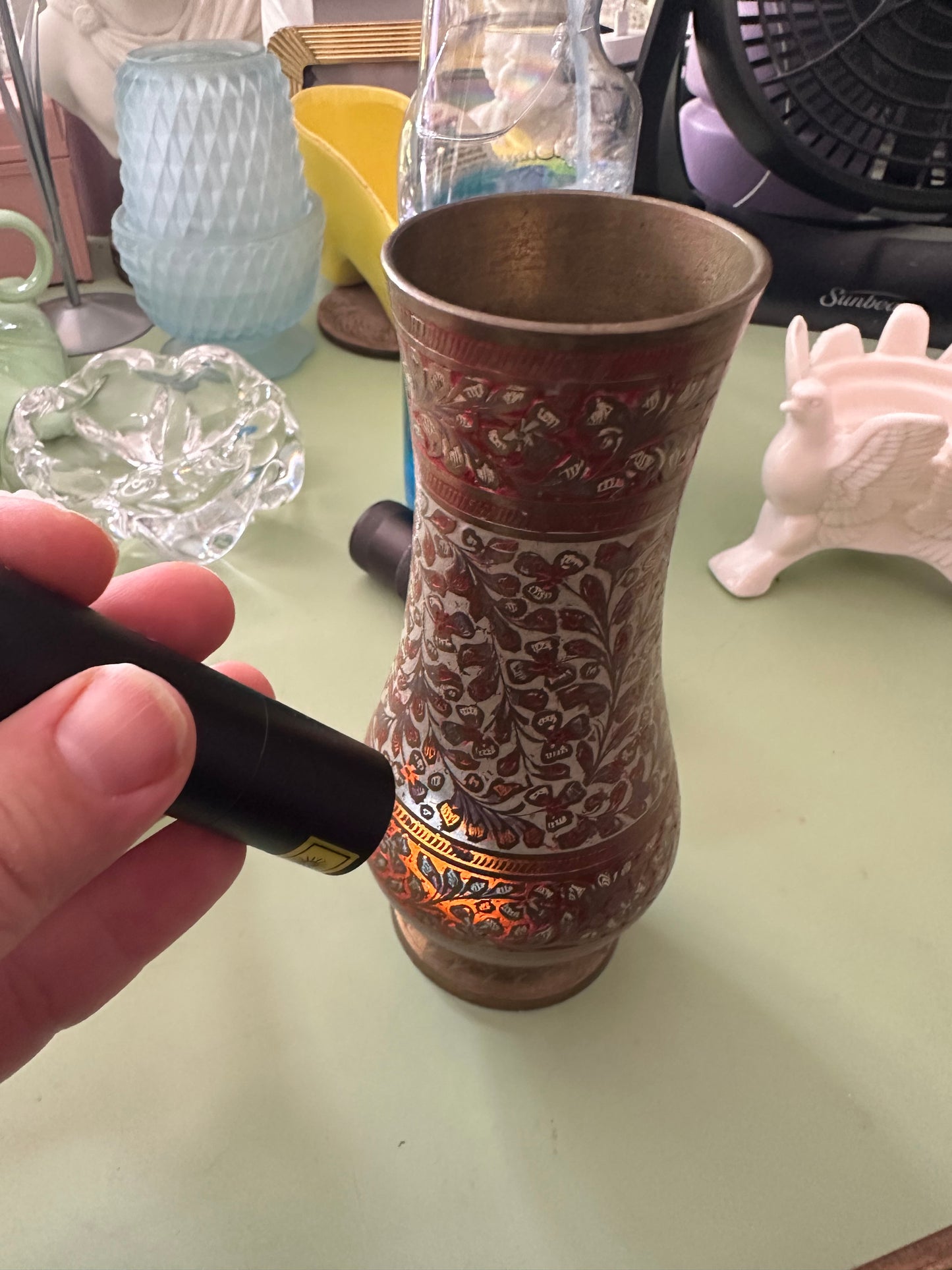 Vintage Orange Glowing Brass Vase W Enamel Detail