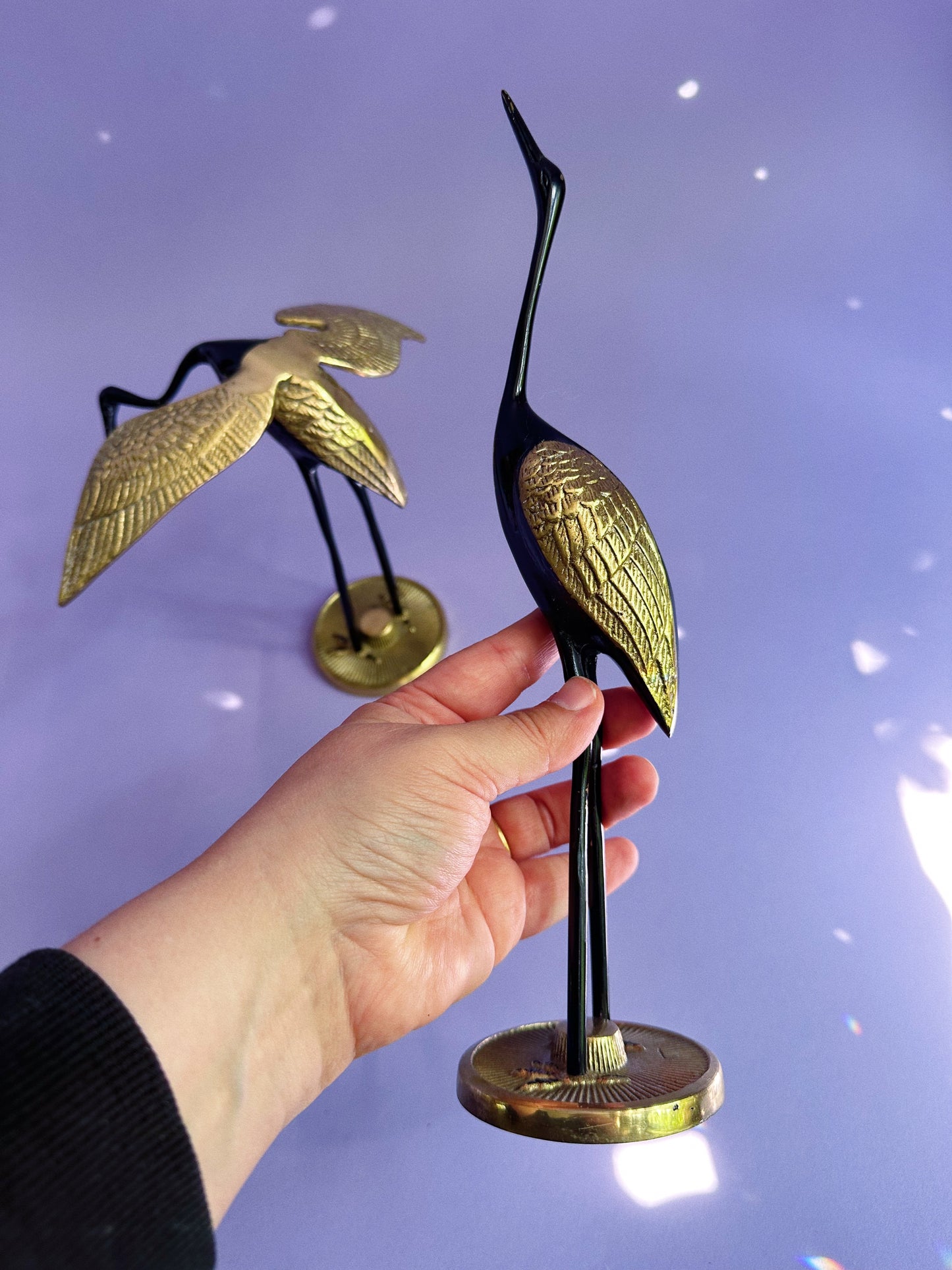 Vintage MCM Brass & Black Enamel Herons / Cranes Sculptures
