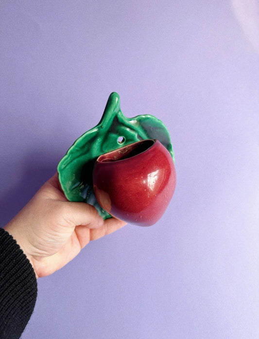 Vintage Art Pottery Red Apple Wall Pocket Green Leaf Majolica Unmarked McCoy