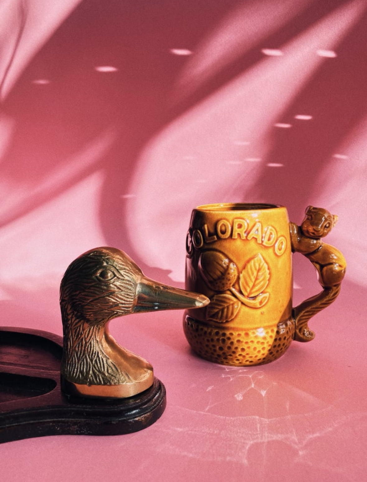 Vintage MCM Brass Duck & Wood Valet / Throw Tray