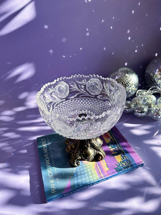 Mid Century Filigree Starburst Glass Compote Dish Metal Base Hollywood Regency