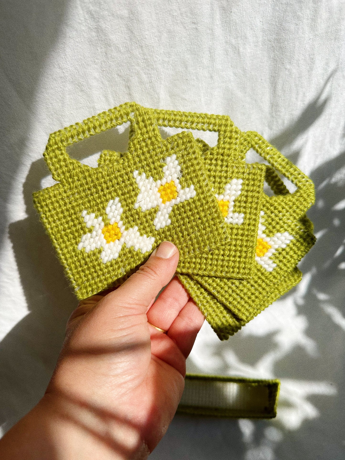 Vintage Green Cross Stitch Daisy Coasters