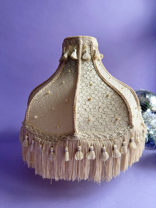 Vintage Boudoir Table Lamp Shade Ivory Cream Fringe Scallop Pearls Tassel