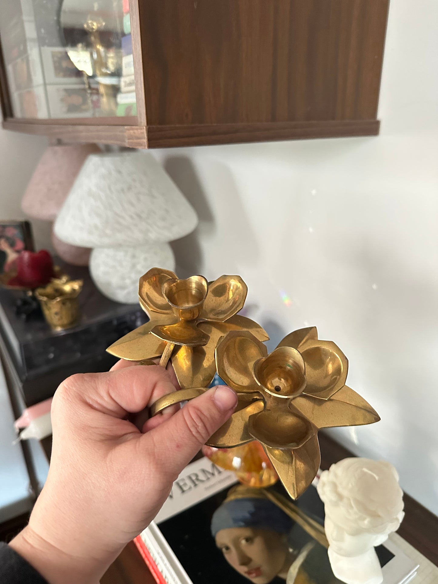 Vintage Pair of Brass Flower Candle Holders Chamber Candlesticks w Finger Loops